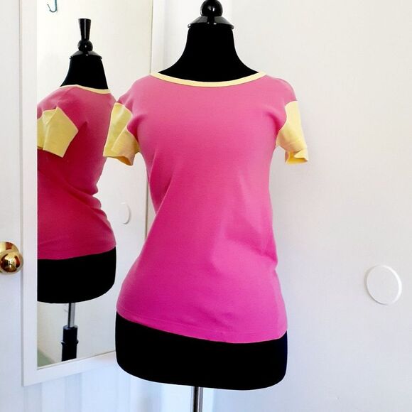 Cherrytee Pink Yellow Sleeves Pullover Ladies Tee Jr. Size 1 - Picture 3 of 8